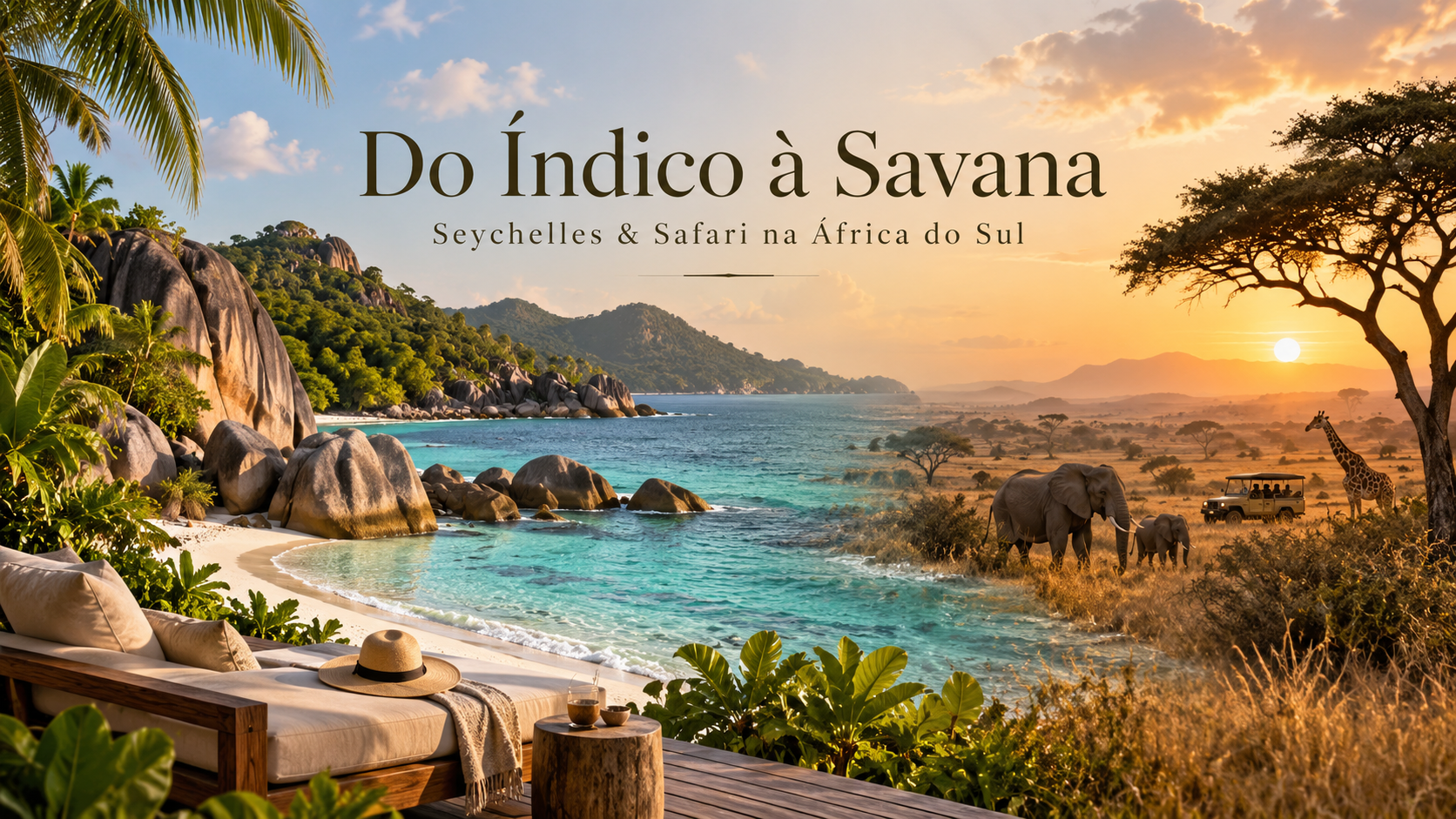 Praia tropical nas Seychelles com mar azul e rochas de granito ao lado de uma cena de safari na savana africana ao pôr do sol, com elefantes, girafa e jipe.